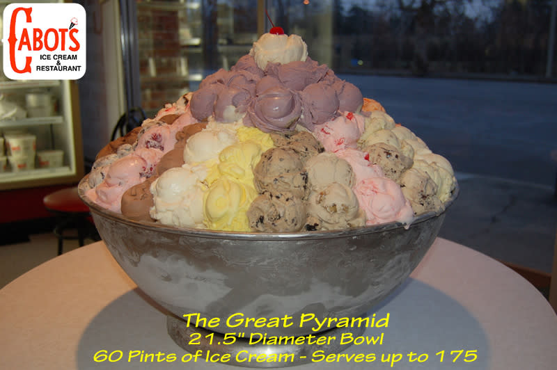 <b>Massachusetts: The Great Pyramid Ice Cream Sundae</b> Sixty pints of ice cream and twelve quarts of toppings go into this colossal sundae.<br> <br> (Image courtesy Cabot's Ice Cream)