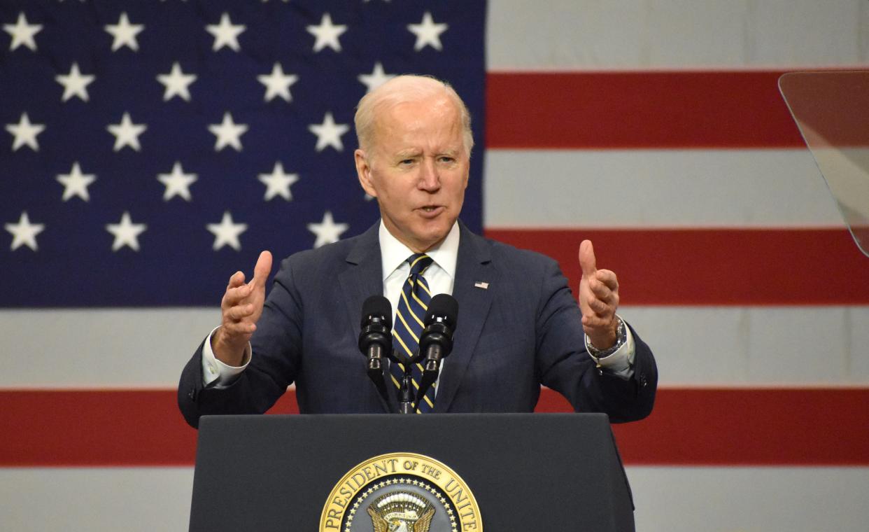 President Joe Biden speaks about the importance of infrastructure funding in Pittsburgh on Jan. 28, 2022, shortly after touring the site of a bridge collapse in Frick Park earlier in the day.