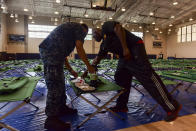 <p>Morale Welfare and Recreation employees and Joint Base Pearl Harbor-Hickam personnel go over emergency preparation kits at the base fitness center in Pearl Harbor as Hurricane Lane approaches Hawaii on Aug. 23, 2018. In preparation for Category 4 Hurricane Lane, the base is currently at Tropical Cyclone Condition of Readiness (TCCOR) 3, indicating that destructive and sustained winds of 50 knots or greater are possible within 48 hours as of 11 a.m. Hawaii Standard Time. (Photo: Mass Communication Specialist 1st Class Corwin M. Colbert/U.S. Navy) </p>