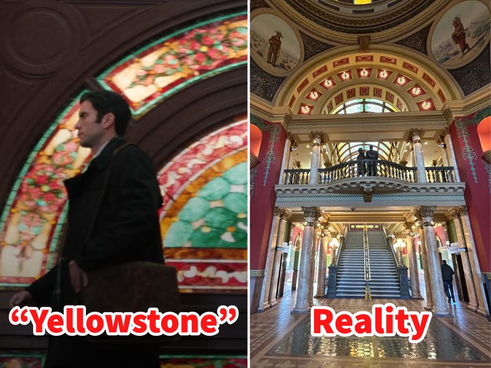 Side-by-side photos of the Montana State Capitol building in "Yellowstone" and in real life.
