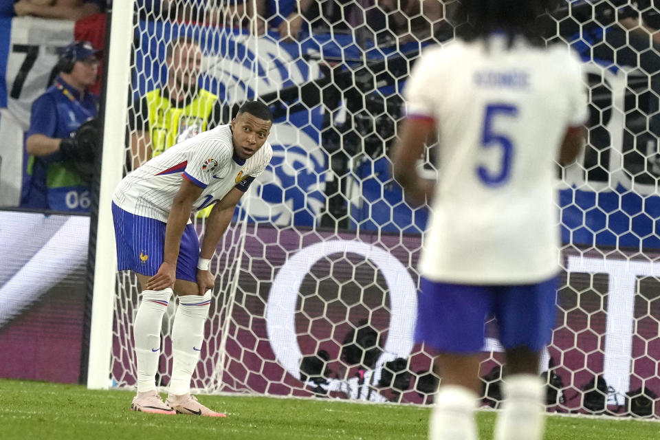 Kylian Mbappe of France reacts after missing a scoring chance during a Group D match between Austria and France at the Euro 2024 soccer tournament in Duesseldorf, Germany, Monday, June 17, 2024. (AP Photo/Frank Augstein)