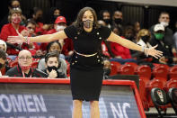 Georgia head coach Joni Taylor instructs from the sideline during the second half of an NCAA college basketball game against North Carolina State, Thursday, Dec. 16, 2021, in Raleigh, N.C. (AP Photo/Karl B. DeBlaker)