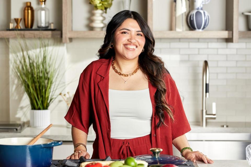 Karla Vasquez stands at an island in the L.A. Times test kitchen