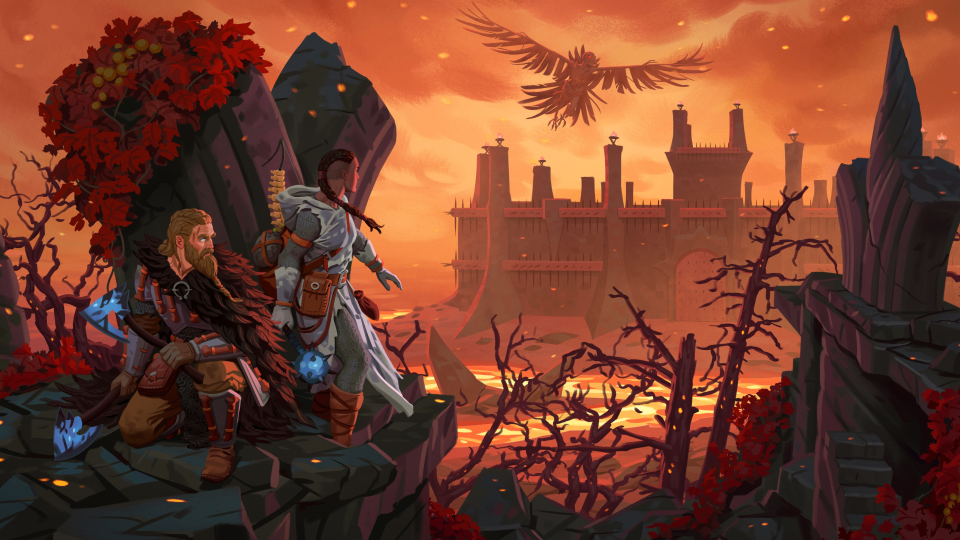 An image of two adventurers poised to attack a fortress in Valheim's Ashlands update.