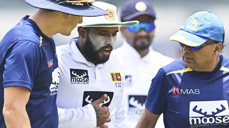 Kusal Mendis, pictured here complaining of chest pains in the second Test against Bangladesh.