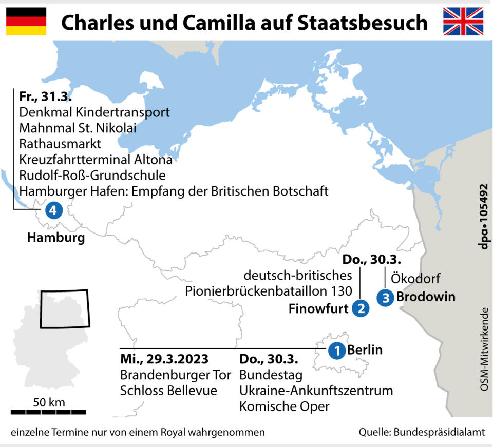 "Orte des Staatsbesuchs der britischen Royals" Grafik: Brühl, Redaktion: Loesche