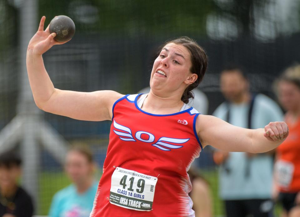 Oregon's Jenae Bothe throws the shot put on her way to a state title in the event during the Class 1A State Track and Field Championships on Saturday, May 21, 2022 at Eastern Illinois University.