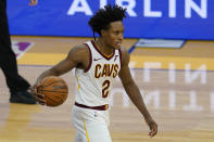 Cleveland Cavaliers guard Collin Sexton (2) dribbles the ball up the court against the Golden State Warriors during the second half of an NBA basketball game in San Francisco, Monday, Feb. 15, 2021. (AP Photo/Jeff Chiu)