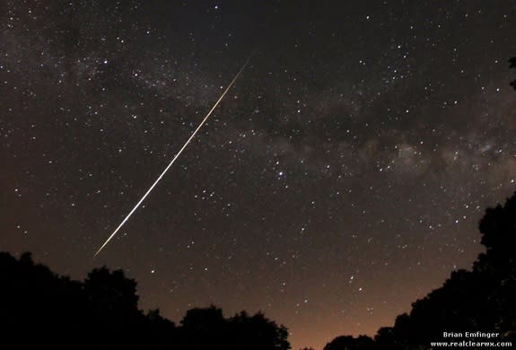 Skywatcher and photographer Brian Emfinger captured this magnificent Lyrid fireball with the Milky Way in the background from Ozark, Ark., during the April 21-22 peak of the 2012 Lyrid meteor shower.