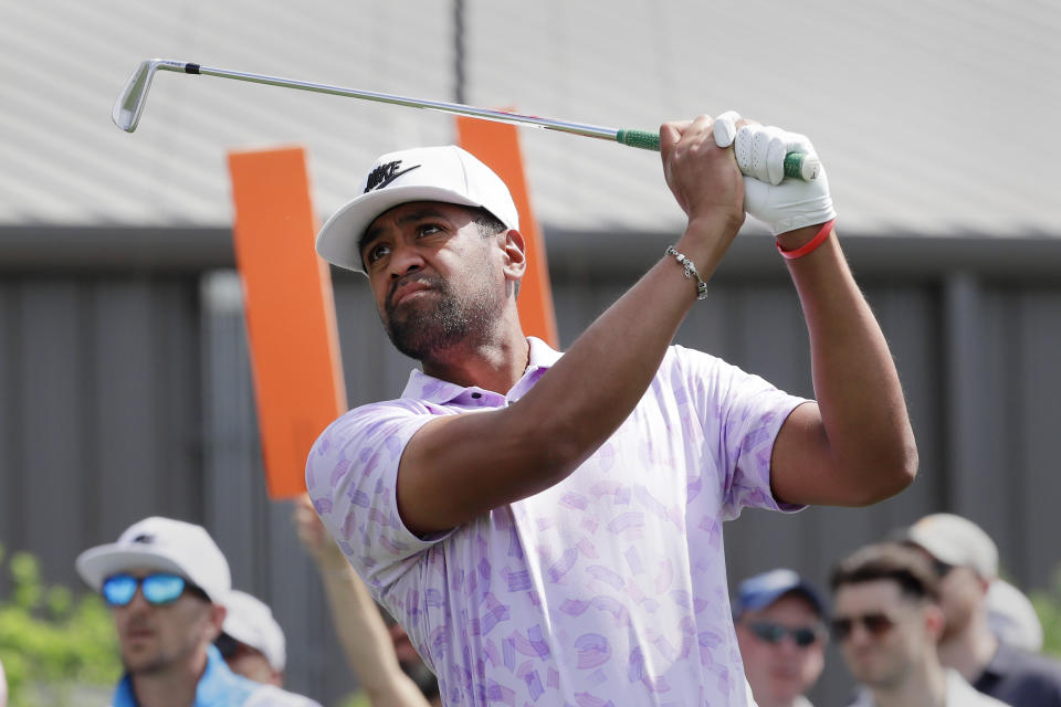 Defending champion Tony Finau tees off on the ninth hole during the first round of the Houston Open golf tournament Thursday, March, 28, 2024, in Houston. (AP Photo/Michael Wyke)