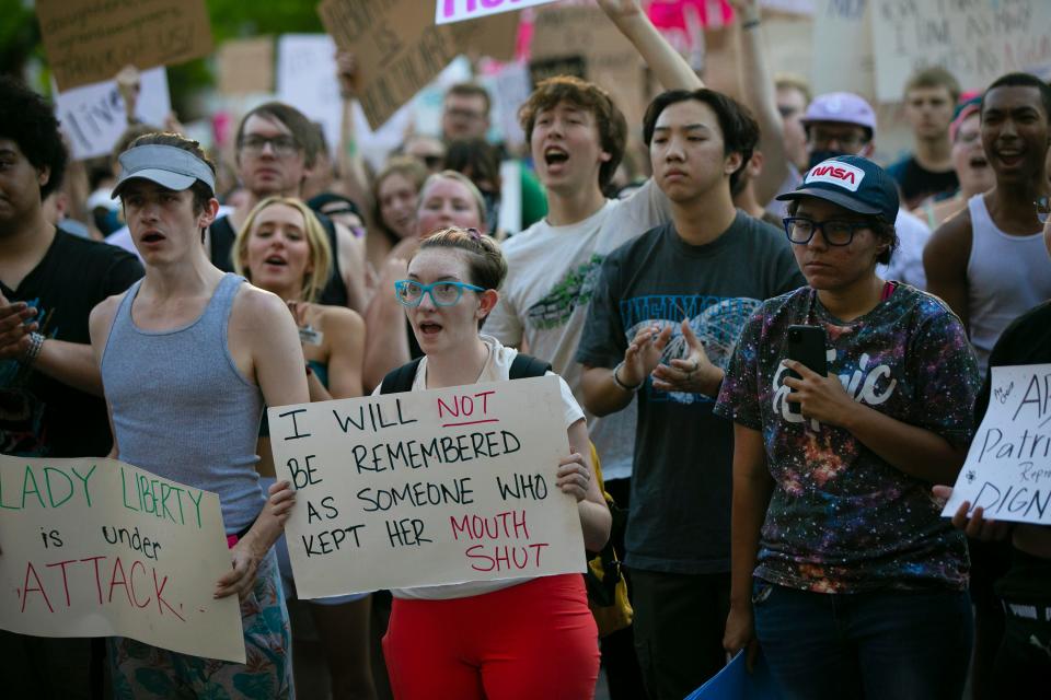 Jun 24, 2022; Columbus, Ohio, USA; Protestors shout while listening to Mackenzie Collett as she speaks to a large crowd during a rally at the Ohio Statehouse following the overturning of Roe v Wade by SCOTUS. Mandatory Credit: Brooke LaValley-The Columbus Dispatch