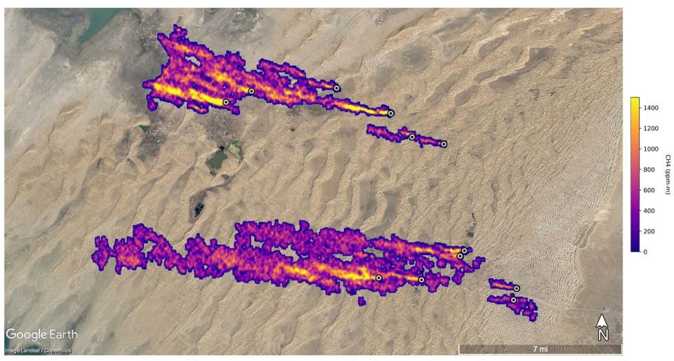 satellite image shows cluster of methane plumes