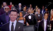 In this video grab captured on Sept. 20, 2020, courtesy of the Academy of Television Arts & Sciences and ABC Entertainment, host Jimmy Kimmel speaks surrounded by cardboard cutouts of actors in the audience during the 72nd Emmy Awards broadcast. (The Television Academy and ABC Entertainment via AP)