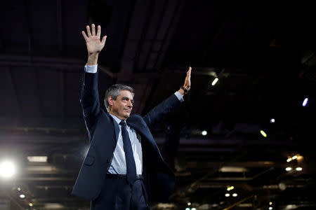 Francois Fillon, former French Prime Minister, member of the Republicans political party and 2017 French presidential election candidate of the French centre-right, attends a political rally in Paris, France, April 9, 2017. REUTERS/Benoit Tessier