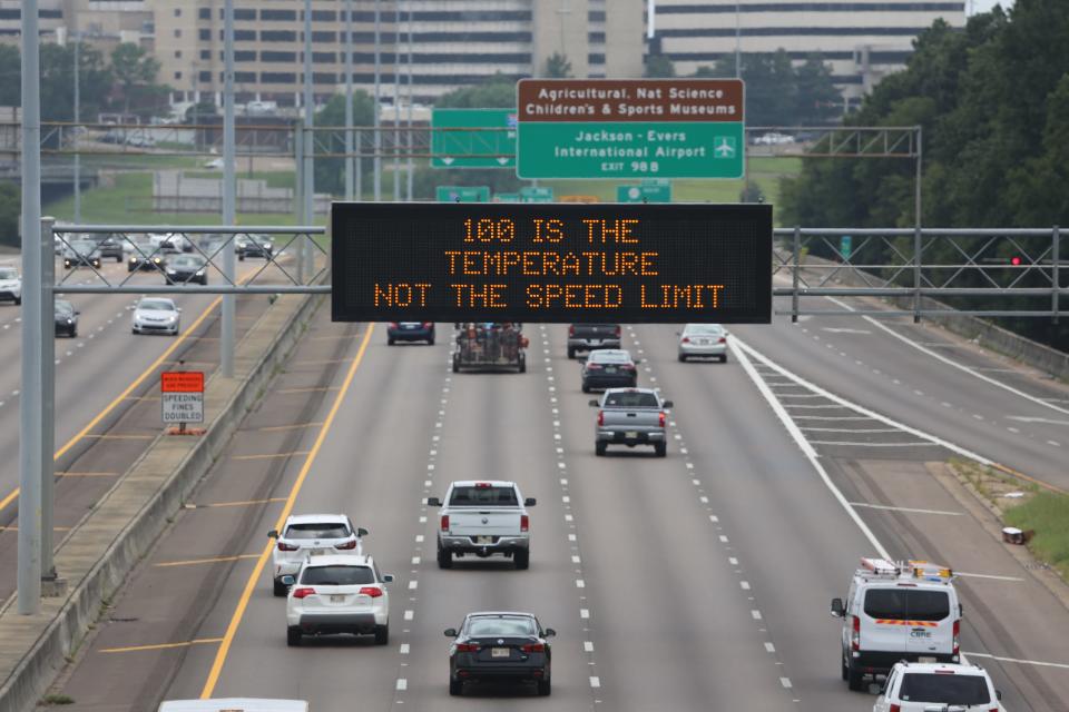 A Mississippi Department of Transportation roadside safety sign saying: "100 is the temperature, not the speed limit."