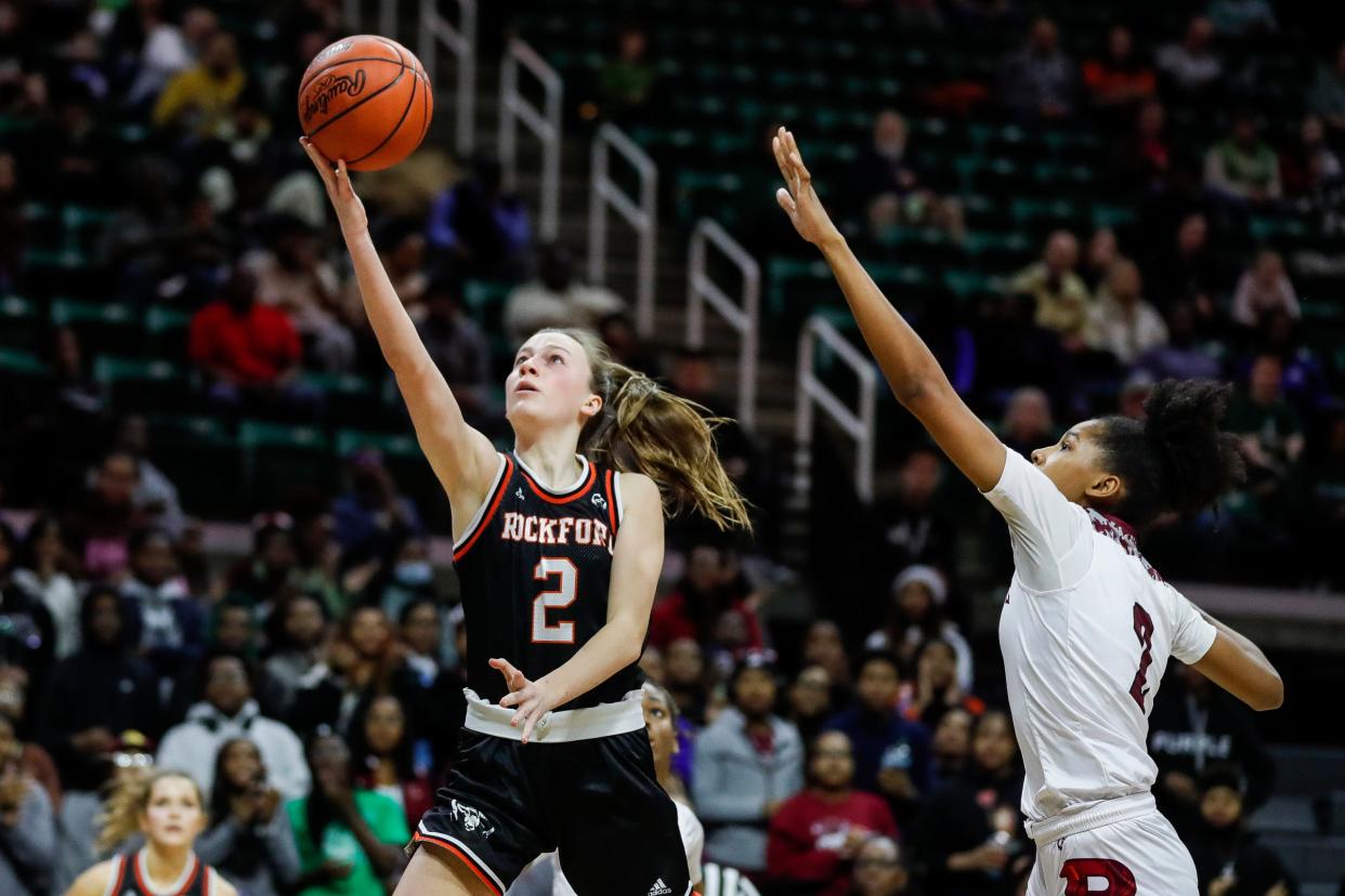 Rockford guard Anna Wypych makes a layup against Detroit Renaissance forward Anaya Hardy during the first half of Rockford's 65-42 win in the Division 1 girls basketball semifinal at Breslin Center on Friday, March 17, 2023.