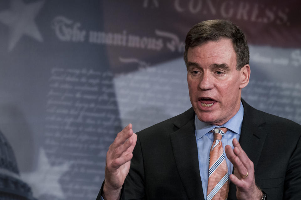 Senate Intelligence Vice Chair Mark Warner, D-Va., speaks at a news conference about the investigation into Russian meddling at the election with Senate Intelligence Chairman Richard Burr on Wednesday, March 29, 2017.