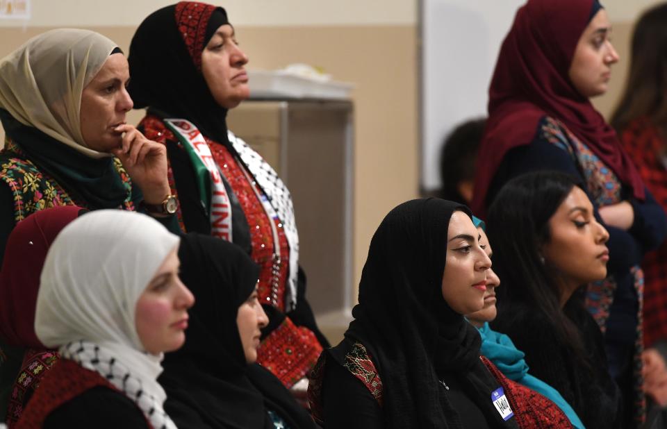 Palestinians, Muslims and people of all faiths gathered at the Upstate Islamic Center in Greer on Dec. 16, 2023. The event was Palestinian Culture Night which gave everyone an opportunity to talk about the issues in Gaza. Women in traditional attire at the event.