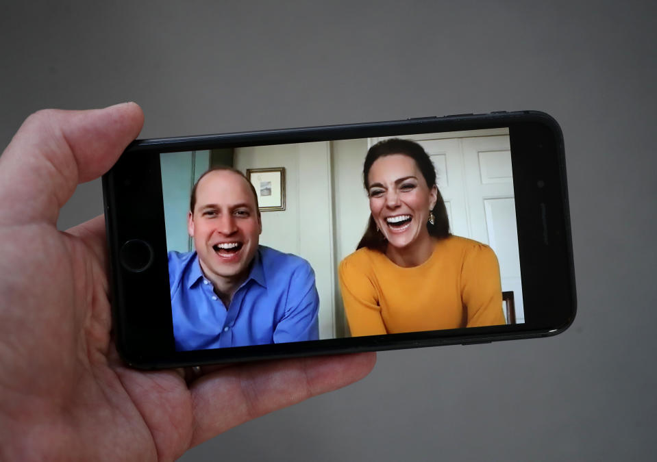 LONDON, ENGLAND - APRIL 09: In this photo illustration Prince William, Duke of Cambridge and Catherine, Duchess of Cambridge are seen in conversation with Casterton Primary Academy students via video chat on April 09, 2020 in London, United Kingdom. (Photo by Chris Jackson/Getty Images)