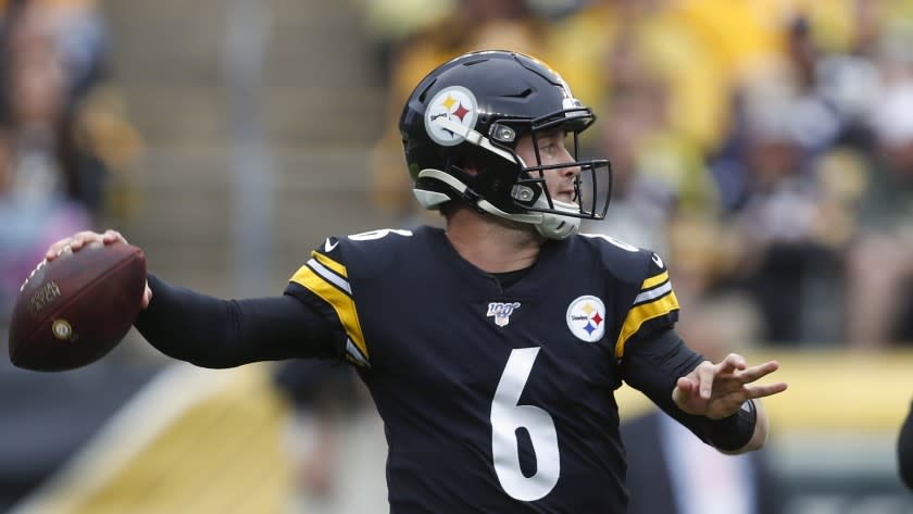 Pittsburgh Steelers backup quarterback Devlin Hodges (6) plays against the Baltimore Ravens in the second half of an NFL football game, Sunday, Oct. 6, 2019, in Pittsburgh. (AP Photo/Don Wright)