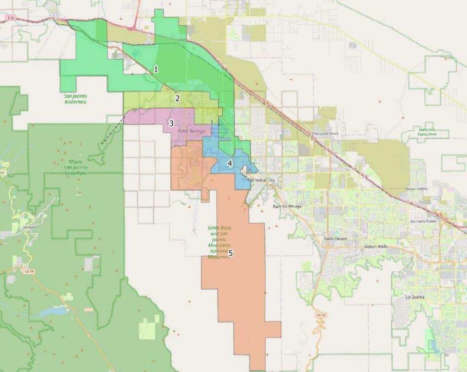 A map showing potential new city council districts being considered as part of the city's redistricting process. Councilmember Geoff Kors said last week the council's apparent favoritism of this map helped people in District 3 decide to run.