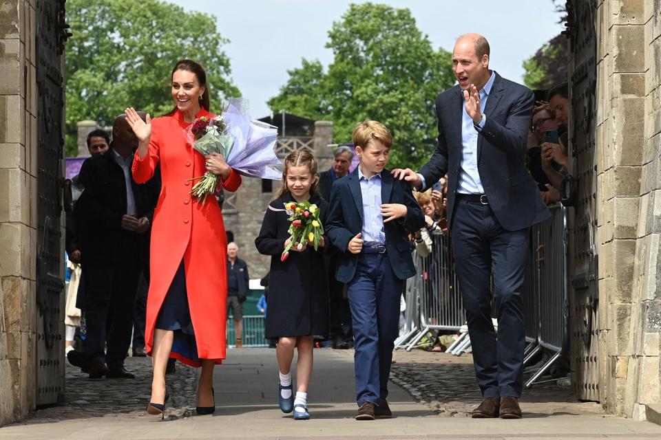 Catherine, Duchess of Cambridge, Princess Charlotte of Cambridge, Prince George of Cambridge and Prince William, Duke of Cambridge during a visit to Cardiff Castle on June 04, 2022 in Cardiff, Wales. The Platinum Jubilee of Elizabeth II is being celebrated from June 2 to June 5, 2022, in the UK and Commonwealth to mark the 70th anniversary of the accession of Queen Elizabeth II on 6 February 1952.