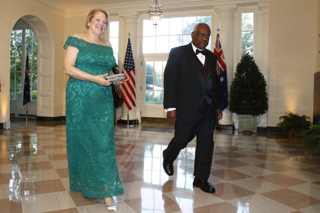 Supreme Court Associate Justice Clarence Thomas, right, and wife Virginia “Ginni” Thomas arrive on Sept. 20, 2019 for a State Dinner with Australian Prime Minister Scott Morrison and President Donald Trump at the White House in Washington. (AP Photo/Patrick Semansky, File)