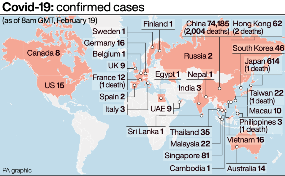 Confirmed cases of coronavirus across the world so far. (PA)