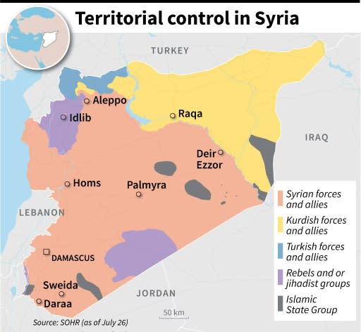 Map showing areas held by different groups in Syria on July 26, according to the Syrian Observatory of Human Rights