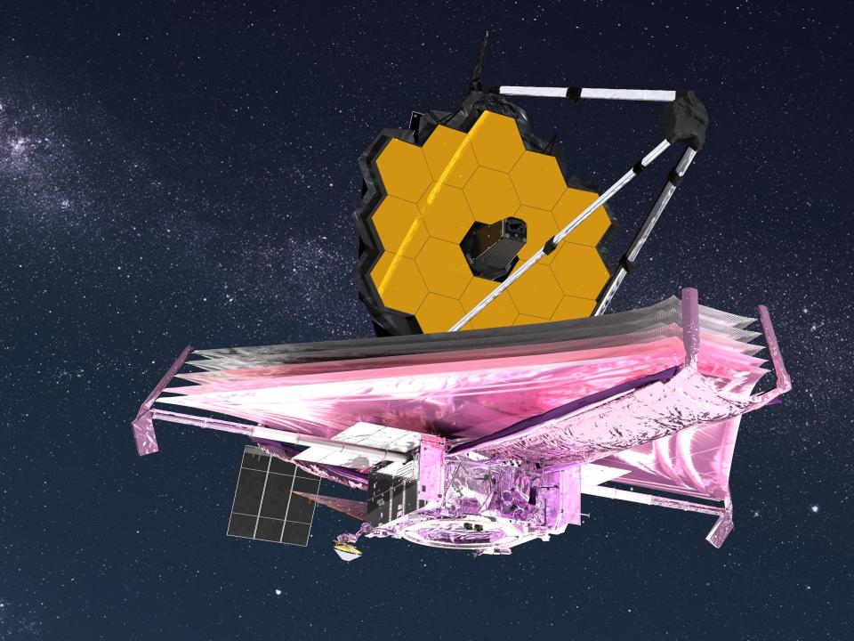 james webb space telescope artist illustration gold panels octagon on purple foil platform