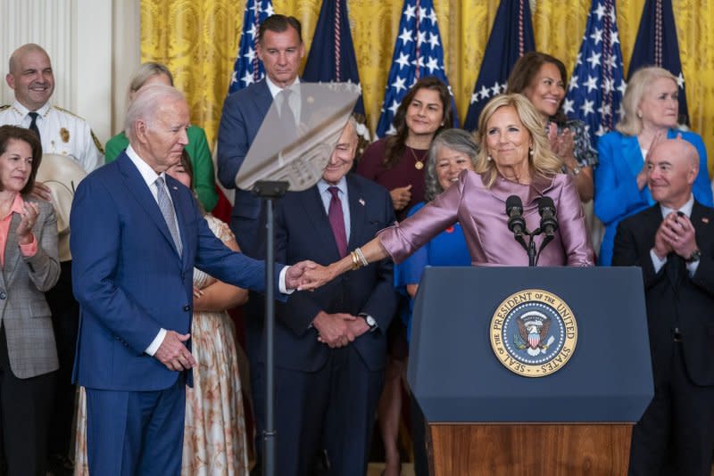 First lady Jill Biden, with President Joe Biden, delivers remarks during Tuesday's DACA 12th Anniversary event in the East room of the White House, where she said "Joe is helping our country reach for the dream of America." Photo by Shawn Thew/UPI