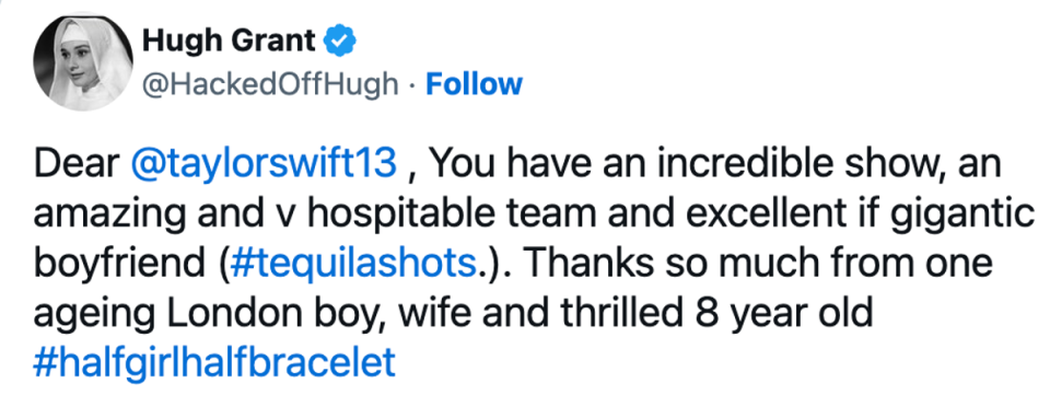 Grant thanked Swift for an ‘incredible’ night (Twitter via @HackedOffHugh)