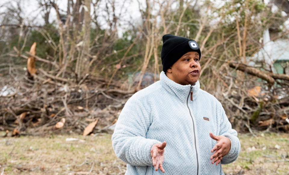 Pearlie Miller talks about the damage to her home in Selma, Alabama, on Jan. 13, 2023, a day after a tornado ripped through the city.