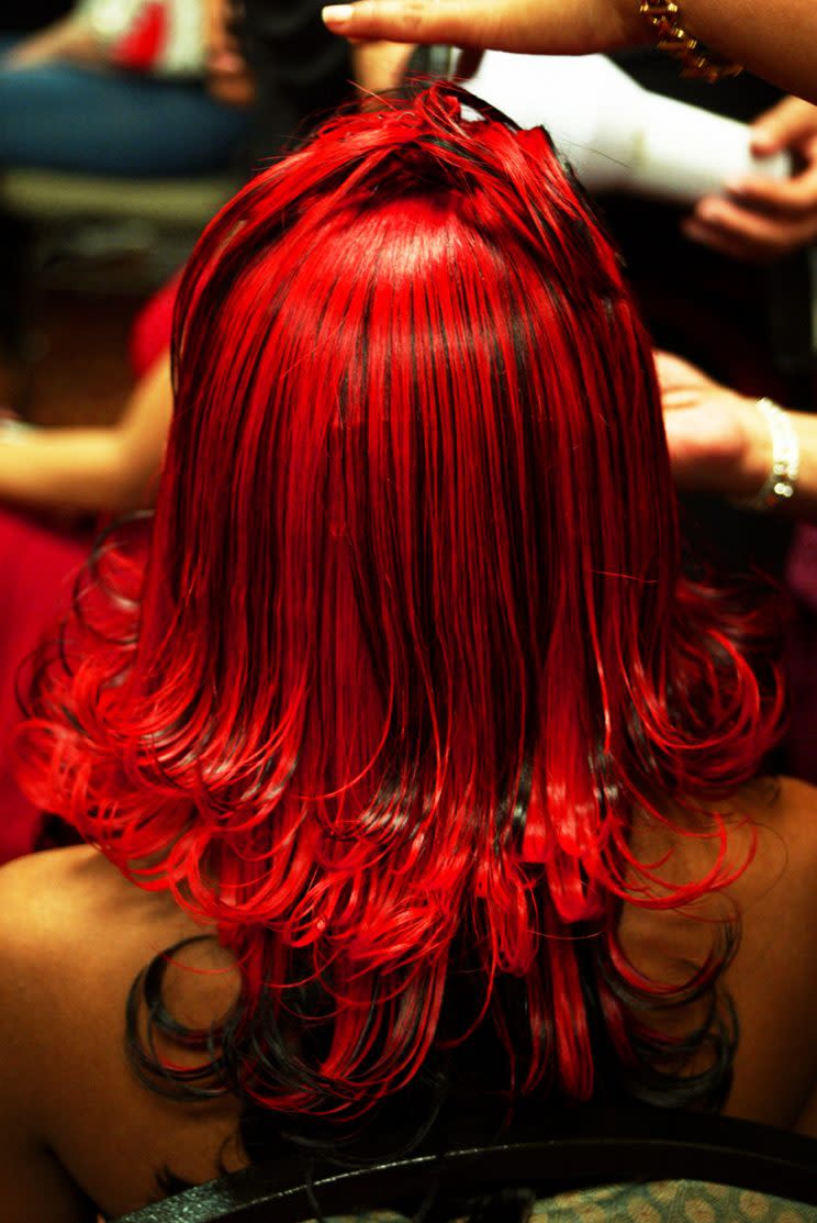 Red hair extensions, from behind