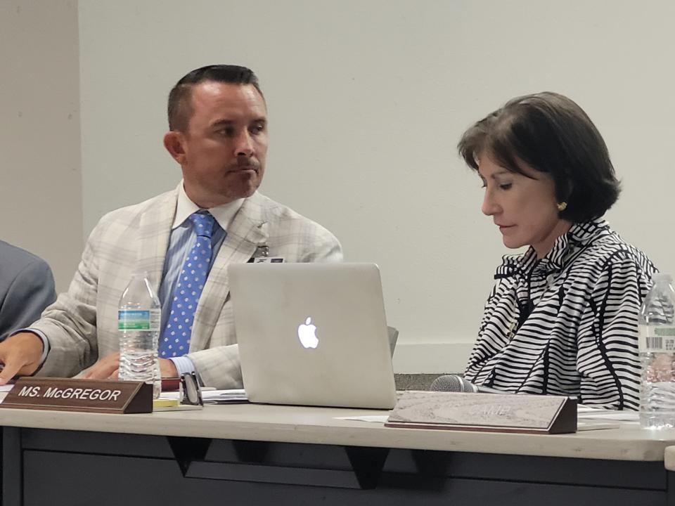 Dr. Donny Lee, the Wichita Falls ISD superintendent (left) and School Board President Katherine McGregor participate in a meeting Monday, May 20, 2024, at the WFISD Education Center.