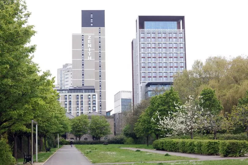 Buildings at the back of a park in Cardiff.  A variety of trees can be seen in the well-maintained space.