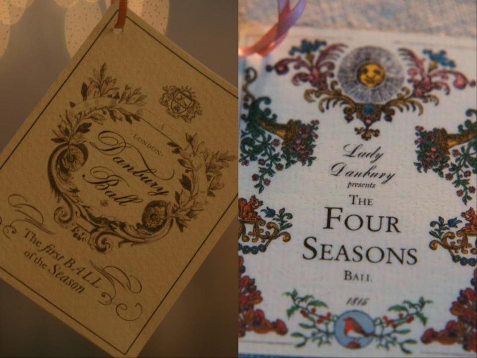 Lady Danbury's first ball invitation in "Queen Charlotte" episode three and her latest ball invitation in "Bridgerton" season three, episode one.