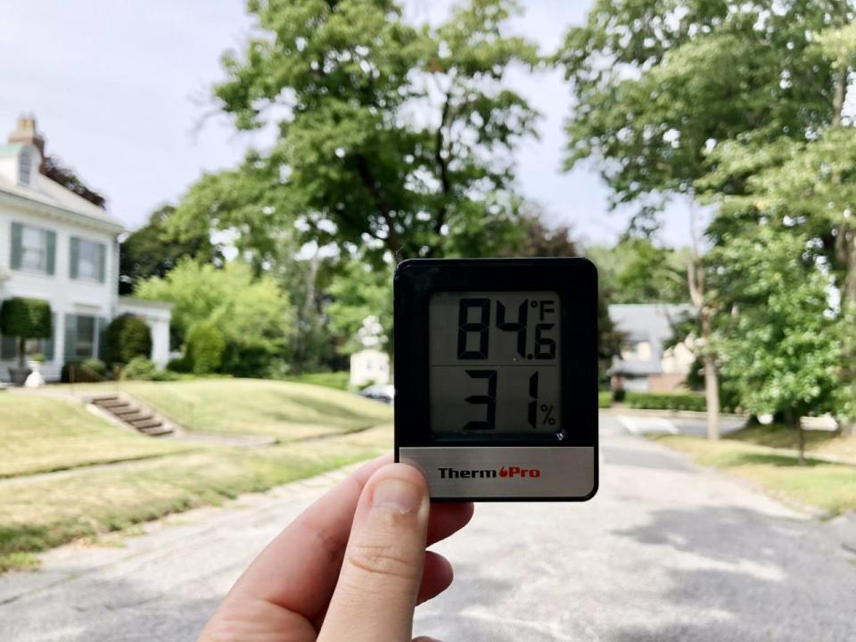 Ten minutes away from Vernon Hill, this neighborhood located near Worcester Polytechnic Institute boasts lots of tree cover and shade. The temperature registered approximately 7 degrees cooler than Vernon Hill on the afternoon of July 27, 2022.