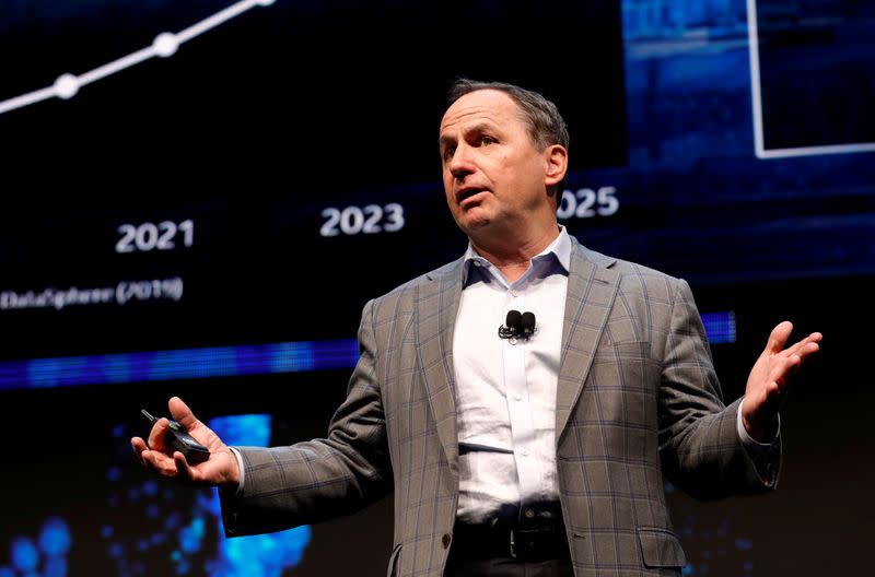 FILE PHOTO: Intel CEO Bob Swan speaks at an Intel news conference during the 2020 CES in Las Vegas