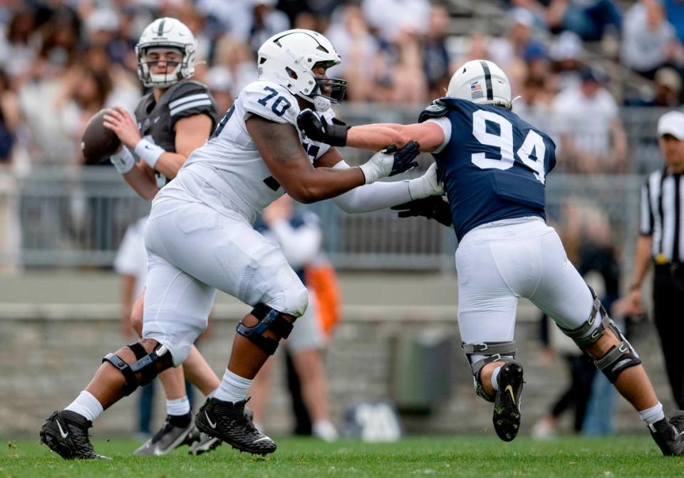 Offensive lineman J’ven Williams blocks during the Penn State Blue-White game on Saturday, April 15, 2023.