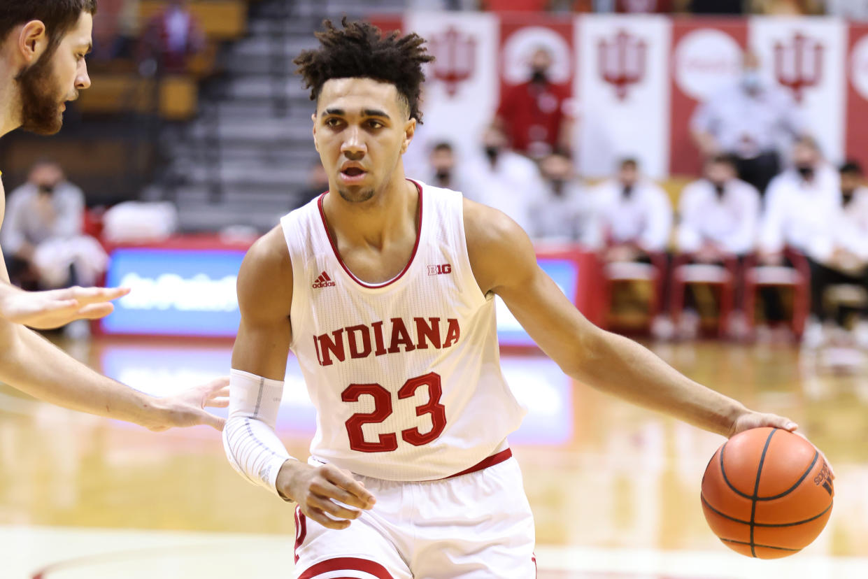 Indiana's Trayce Jackson-Davis drives to the basket in the game against Michigan on Feb. 27, 2021 in Bloomington, Indiana. (Justin Casterline/Getty Images)