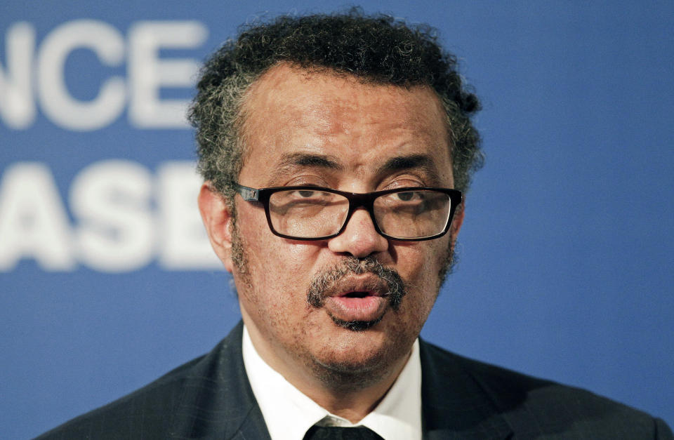 FILE - In this file photo dated Wednesday, Oct. 18, 2017, World Health Organization President Tedros Adhanom speaks to the press during the World Health Organization conference on noncommunicable diseases in Montevideo, Uruguay. At a meeting of WHO’s member states, Monday Nov. 9, 2020, WHO director-general Tedros Adhanom Ghebreyesus said he welcomed “any and all attempts to strengthen the organization...for the sake of the people we serve." as WHO faces calls for an independent review on its handling of the global COVID-19 pandemic. (AP Photo/Matilde Campodonico, FILE)
