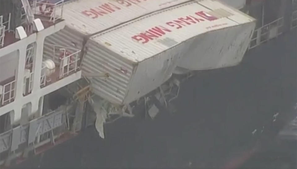 Authorities are asking residents not to clean beaches and wait for experts after 83 containers fell off cargo ship YM Efficiency off the NSW coast. Source: 7 News