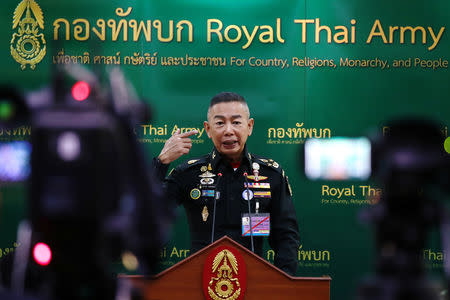 Thailand's Royal Army Chief General Apirat Kongsompong gestures during a news conference at the Thai Army headquarters in Bangkok, Thailand, October 17, 2018. REUTERS/Athit Perawongmetha