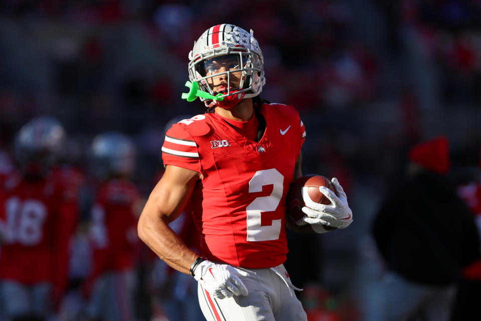 COLUMBUS, OH - NOVEMBER 18: Ohio State Buckeyes wide receiver Emeka Egbuka (2) warms up before the game against the Minnesota Golden Gophers and the Ohio State Buckeyes on November 18, 2023, at Ohio Stadium in Columbus, OH. (Photo by Ian Johnson/Icon Sportswire via Getty Images)