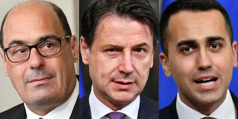 Italian Democratic Party Nicola Zingaretti, Prime Minister Giuseppe Conte and Industry Minister and deputy PM Luigi Di Maio - Credit: VINCENZO PINTO/&nbsp;AFP