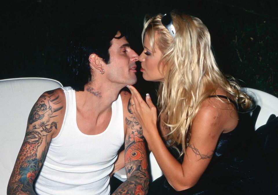 Tommy Lee and Pamela Anderson attend the Barb Wire Party during the 47th Annual Cannes Film Festival on May 20, 1994 in Cannes, France