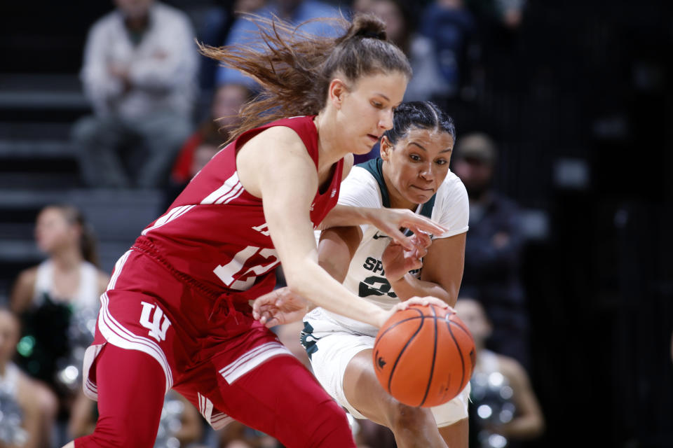Michigan State's Moira Joiner, right, reaches in for a steal-attempt against Indiana's Yarden Garzon during the first half of an NCAA college basketball game on Thursday, Dec. 29, 2022, in East Lansing, Mich. (AP Photo/Al Goldis)