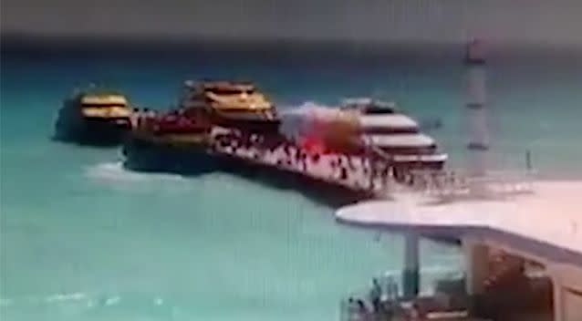 CCTV footage captured the moment the ferry apparently exploded. Source: Twitter / Carlos Loret