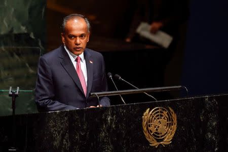 Singapore's Foreign Minister K. Shanmugam addresses the 69th United Nations General Assembly at the U.N. headquarters in New York, September 29, 2014. REUTERS/Shannon Stapleton/File Photo